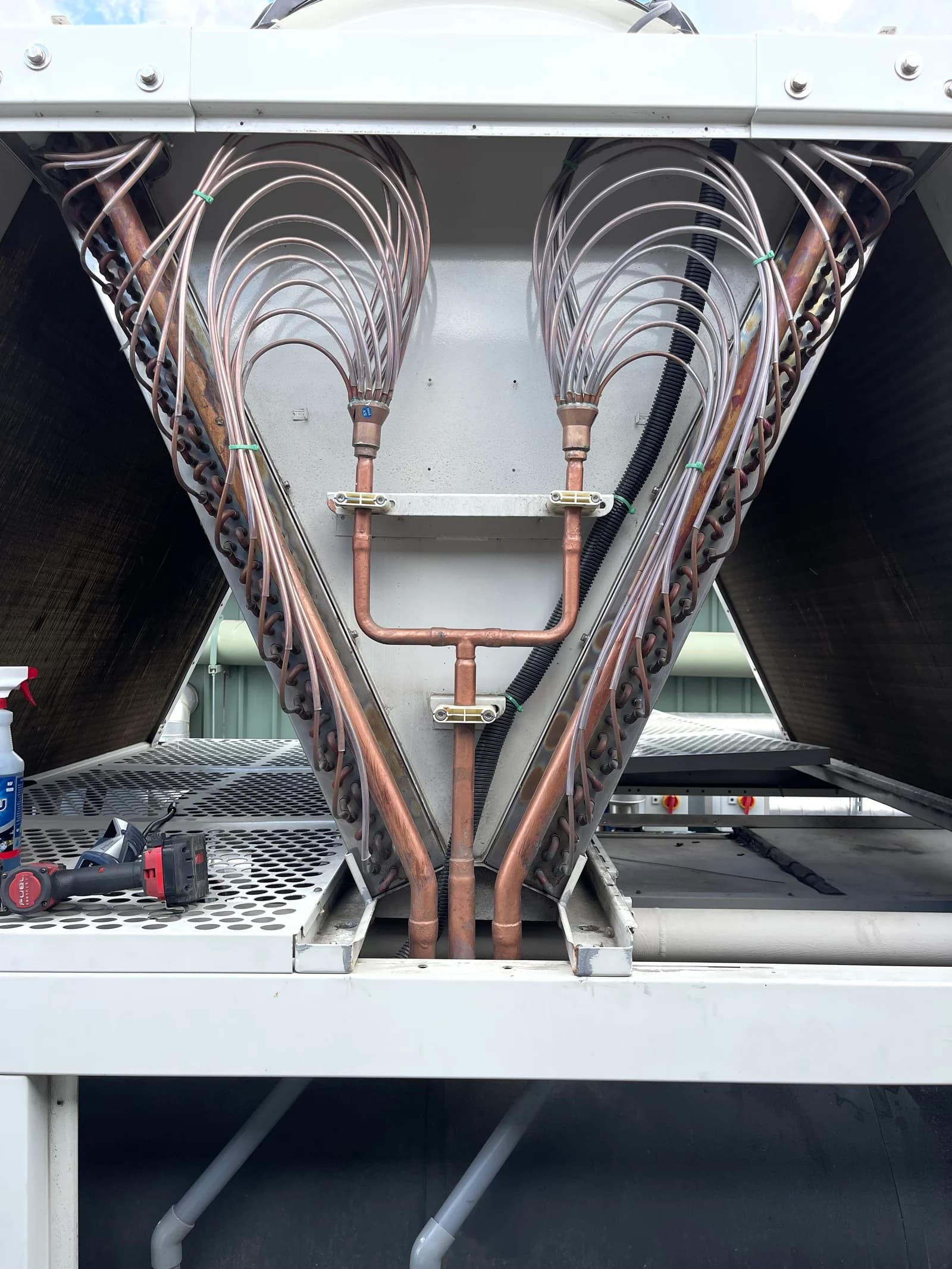 Copper pipework inside commercial air conditioning equipment